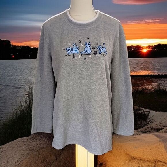 Vintage 80s Cat Lady Fleece Top M Sweatshirt Pullover Granny Kittens Playing 90s - Picture 12 of 16
